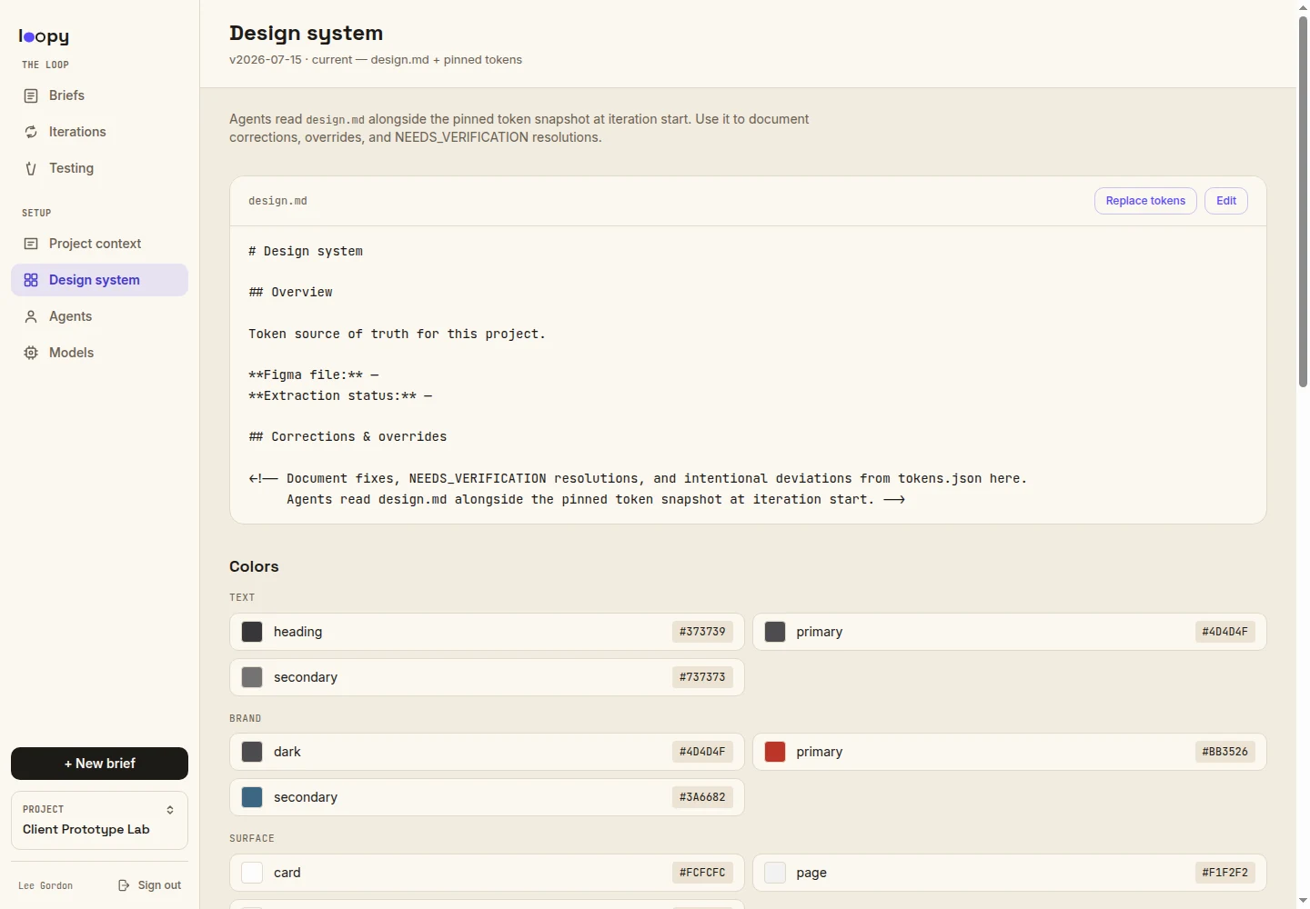 The real Loopy design-system workspace showing imported tokens, colors, typography, spacing, and radii for the Client Prototype Lab